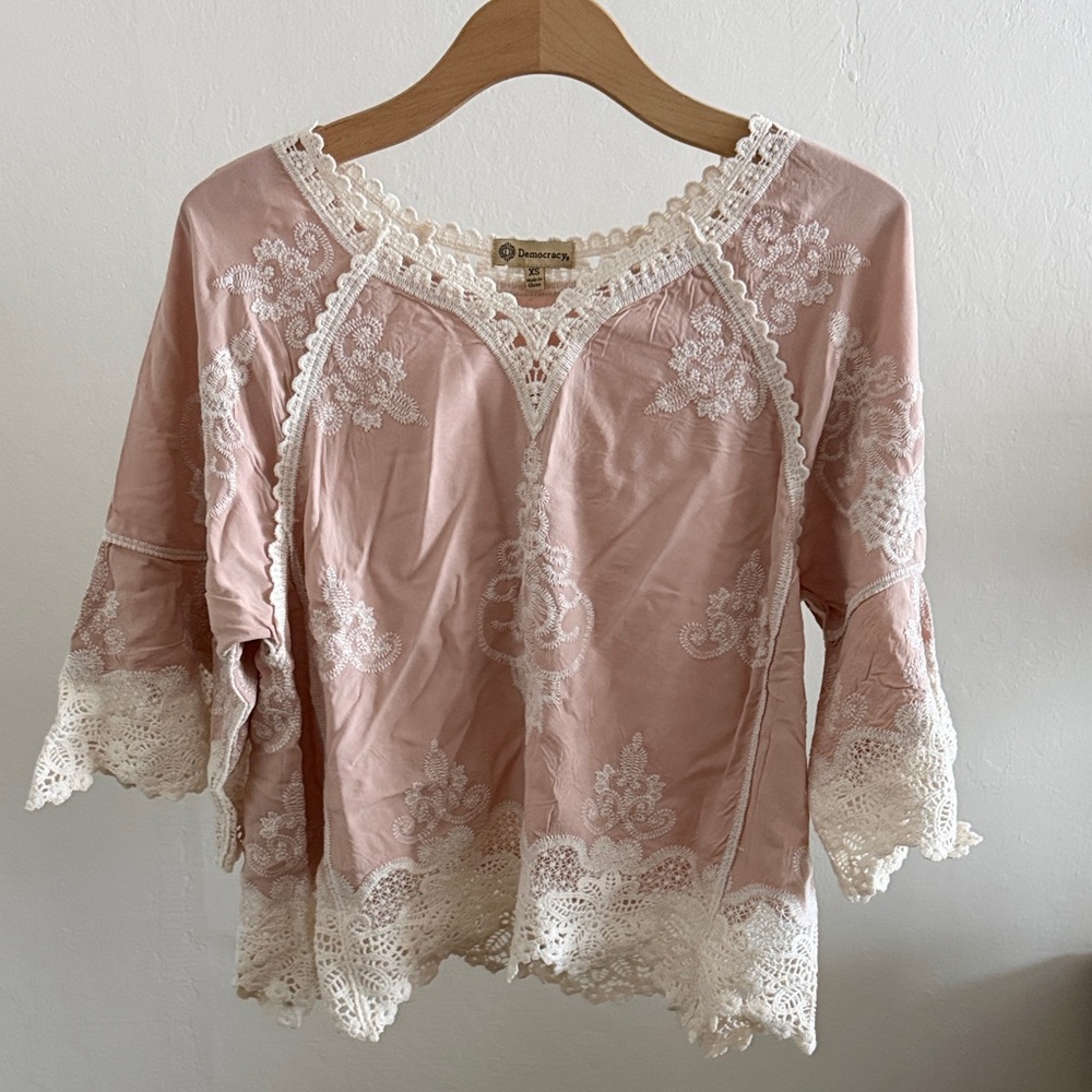 Democracy Pink Embroidered Lace-Trim Blouse